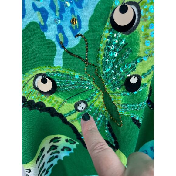 Lucia Burns Vintage Green Butterfly Print Sequin Beaded Silk Blend Sweater 2X - Picture 5 of 8